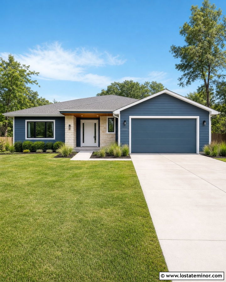 Slate Blue Ranch With Matching Garage Door - 30 Slate Blue House Design With Garage Door Ideas