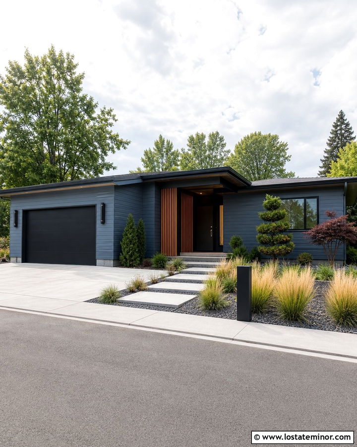 Slate Blue Ranch With Modern Cylinder Lights - 30 Slate Blue House Design With Light Fixtures Ideas