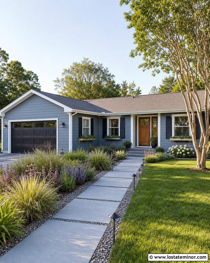 Slate Blue Ranch With Ornamental Grasses - 30 Slate Blue House Design With Landscaping Ideas