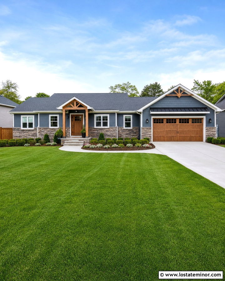Slate Blue Ranch With Stacked Stone - 30 Slate Blue House Design With Stone Accents Ideas