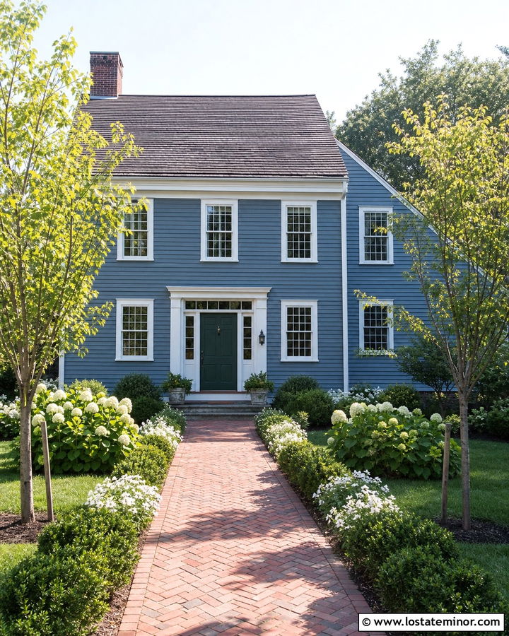 Slate Blue Saltbox With Red Brick Walkway And White Trim - 30 Slate Blue House Design With Front Yard Ideas
