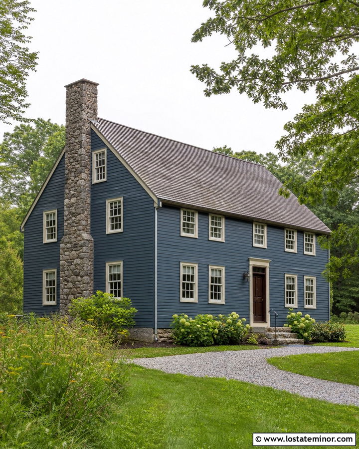 Slate Blue Saltbox With Stone End Chimney - 30 Slate Blue House Design With Chimney Ideas