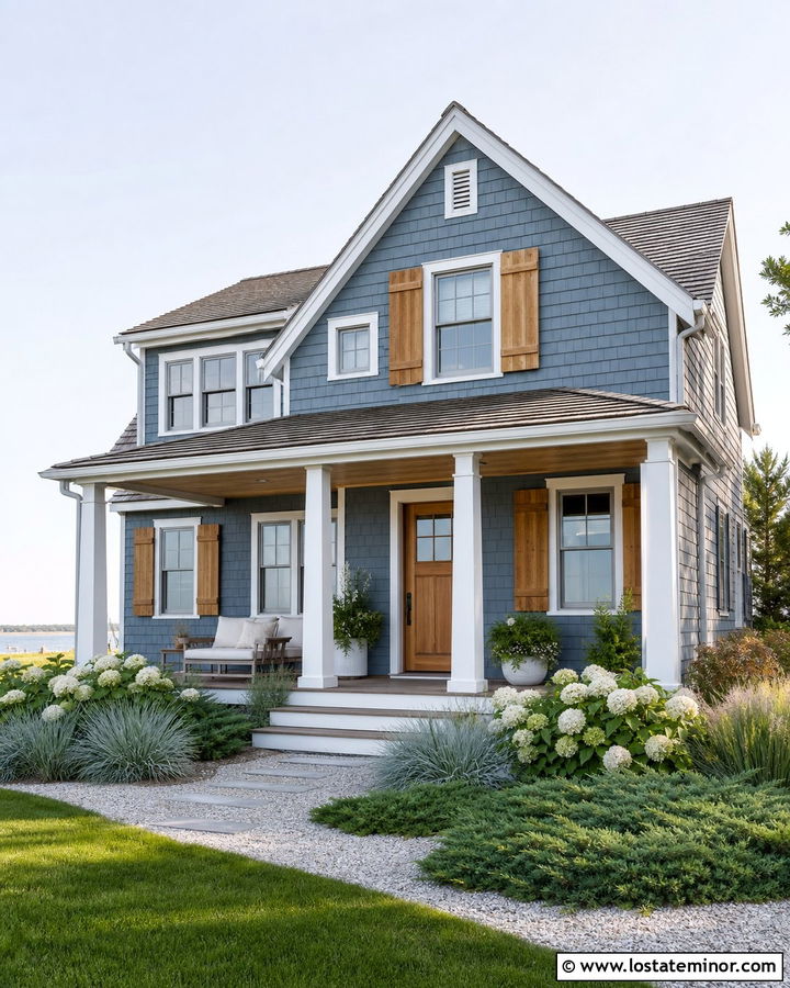 Slate Blue Shingle House With Cedar Shutters And Coastal Yard - 30 Slate Blue House Design With Front Yard Ideas