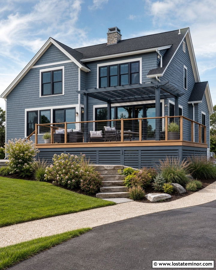 Slate Blue Shingle House With Deck Pergola - 30 Slate Blue House Design With Pergola Ideas