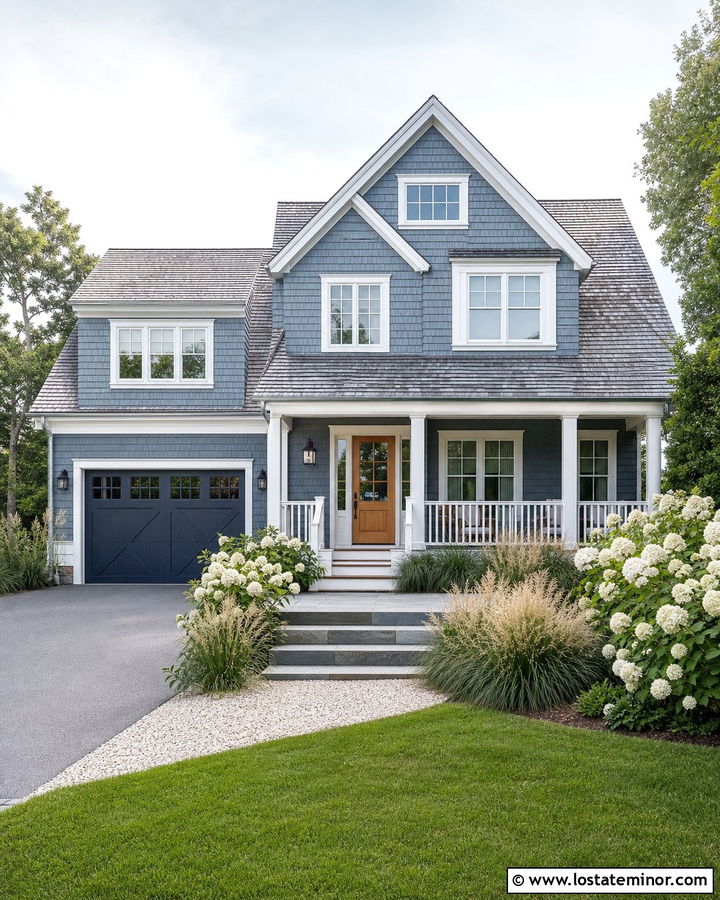 Slate Blue Shingle House With Steel Blue Garage Door - 30 Slate Blue House Design With Garage Door Ideas