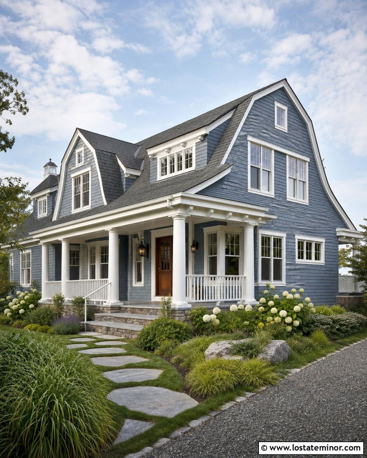 Slate Blue Shingle House With White Columns - 30 Slate Blue House Design With Porch Columns Ideas
