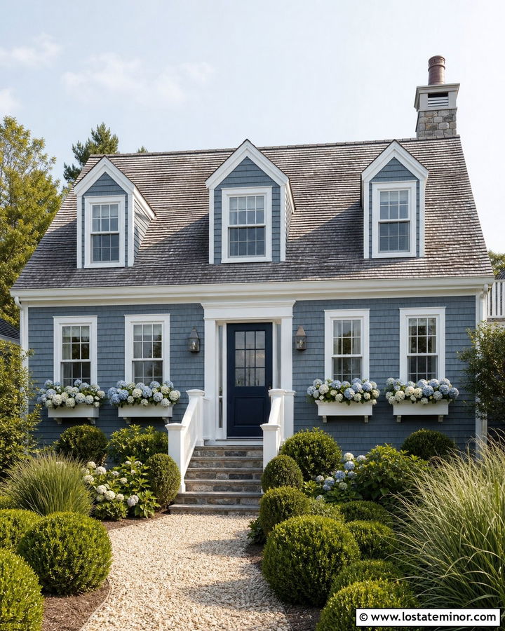 Slate Blue Shingle House With White Hydrangea Boxes - 30 Slate Blue House Design With Window Boxes Ideas