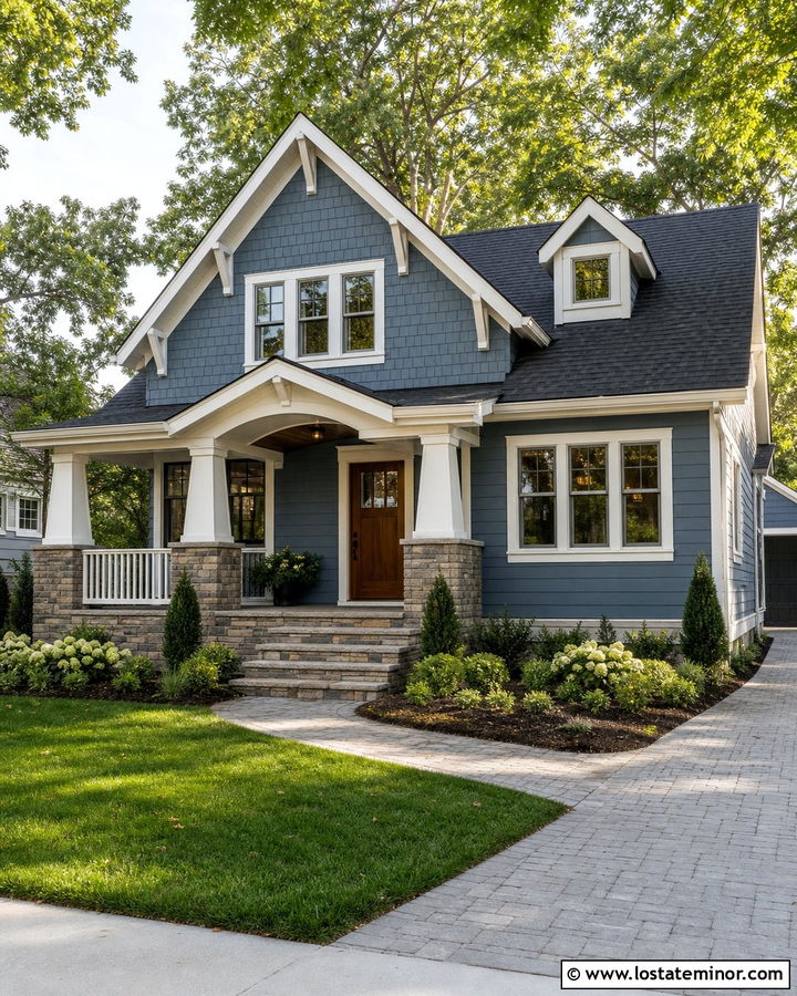 Slate Blue Shingle Siding House With Stone Accents - 30 Slate Blue House Design With Shingles Ideas