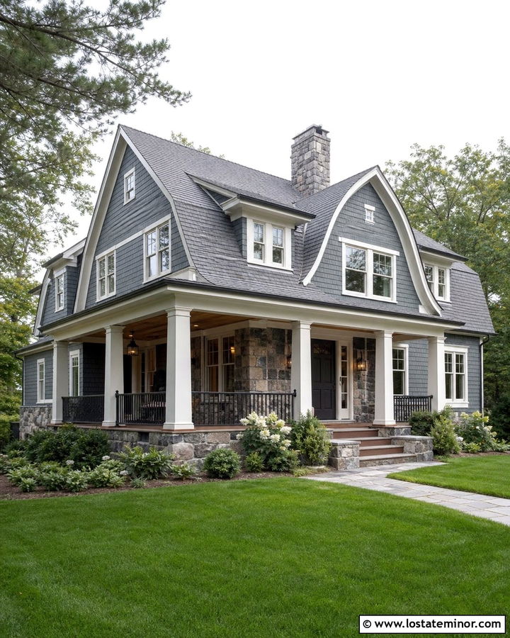 Slate Blue Shingles With Fieldstone - 30 Slate Blue House Design With Stone Accents Ideas
