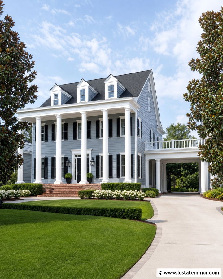 Slate Blue Southern Colonial With Porte Cochere - 30 Slate Blue House Design With Driveway Ideas