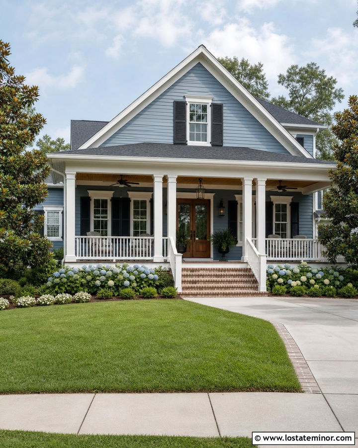 Slate Blue Southern House With Double Columns - 30 Slate Blue House Design With Porch Columns Ideas