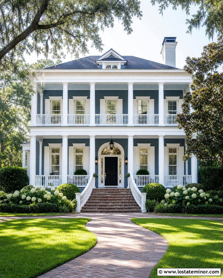 Slate Blue Southern House With Grand White Railings - 30 Slate Blue House Design With Railings Ideas