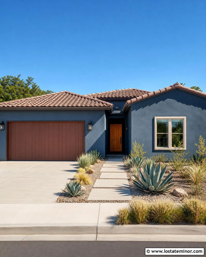 Slate Blue Southwestern House With Terracotta Garage Door - 30 Slate Blue House Design With Garage Door Ideas