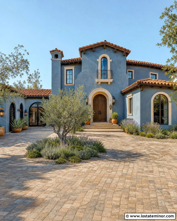 Slate Blue Spanish Revival With Courtyard Driveway - 30 Slate Blue House Design With Driveway Ideas