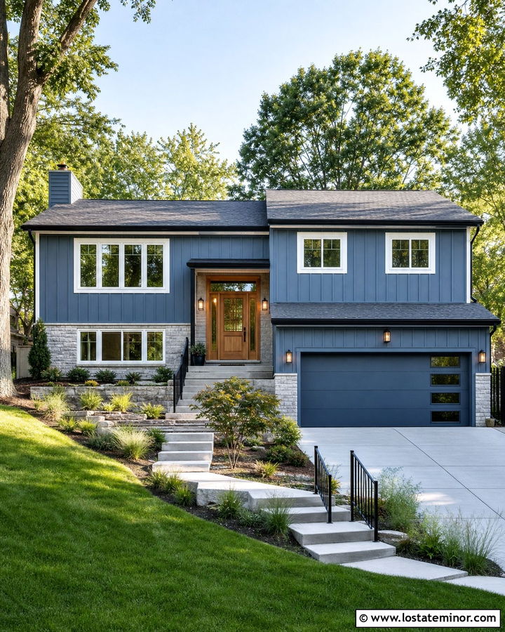 Slate Blue Split Level Board And Batten - 30 Slate Blue House Design With Board and Batten Ideas