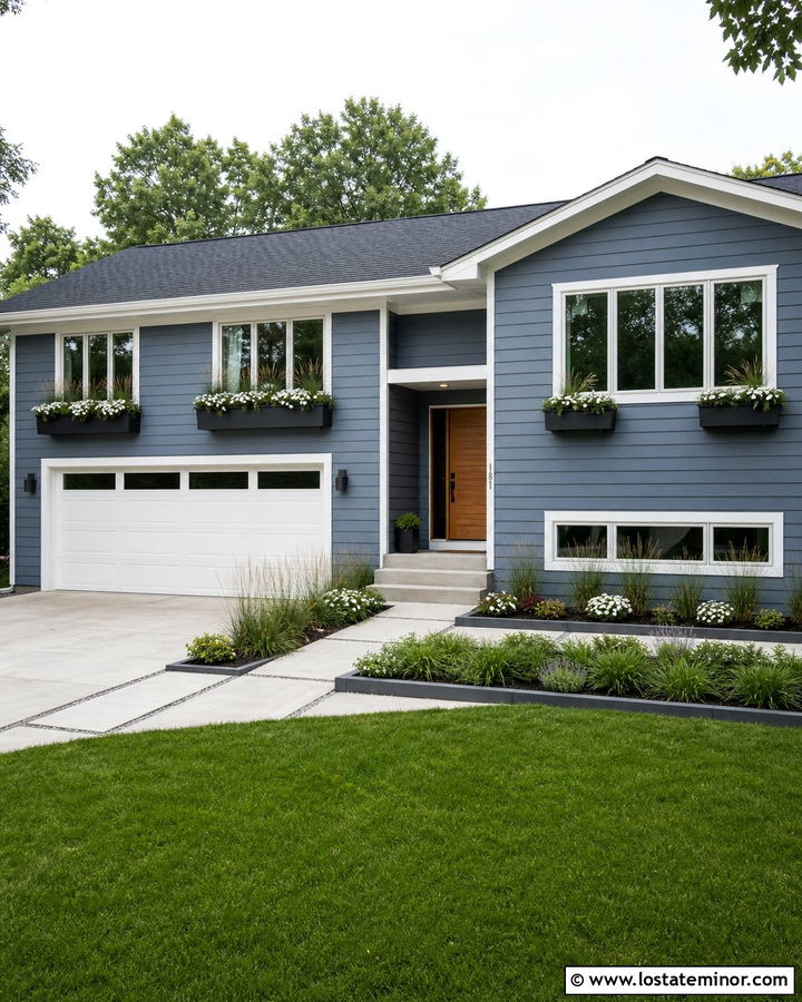 Slate Blue Split Level House With Garage Window Boxes - 30 Slate Blue House Design With Window Boxes Ideas