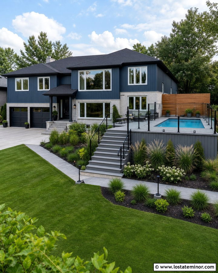 Slate Blue Split Level House With Raised Pool Deck - 30 Slate Blue House Design With Swimming Pool Ideas