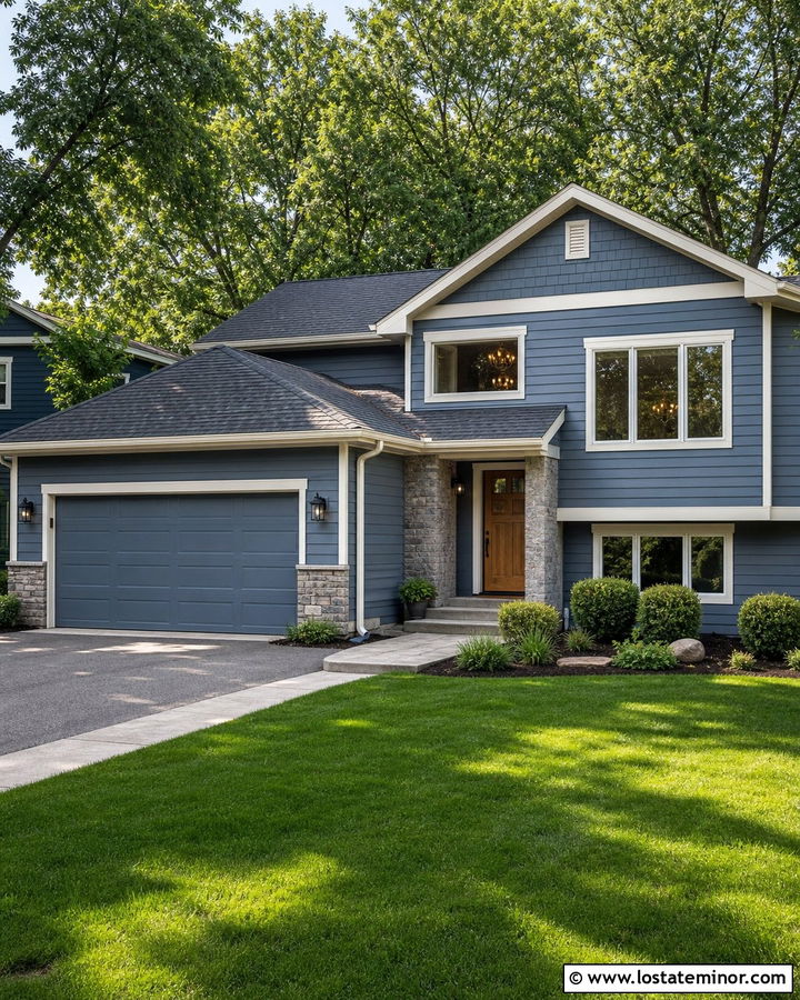 Slate Blue Split Level House With Shingle Accents - 30 Slate Blue House Design With Shingles Ideas