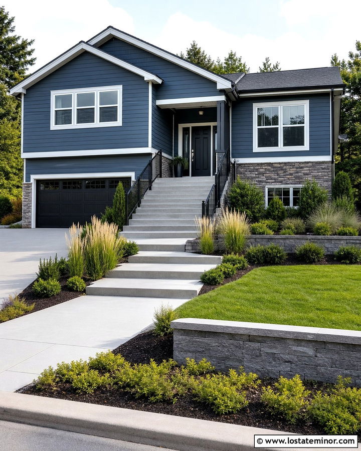 Slate Blue Split Level House With Tiered Steps - 30 Slate Blue House Design With Steps Ideas