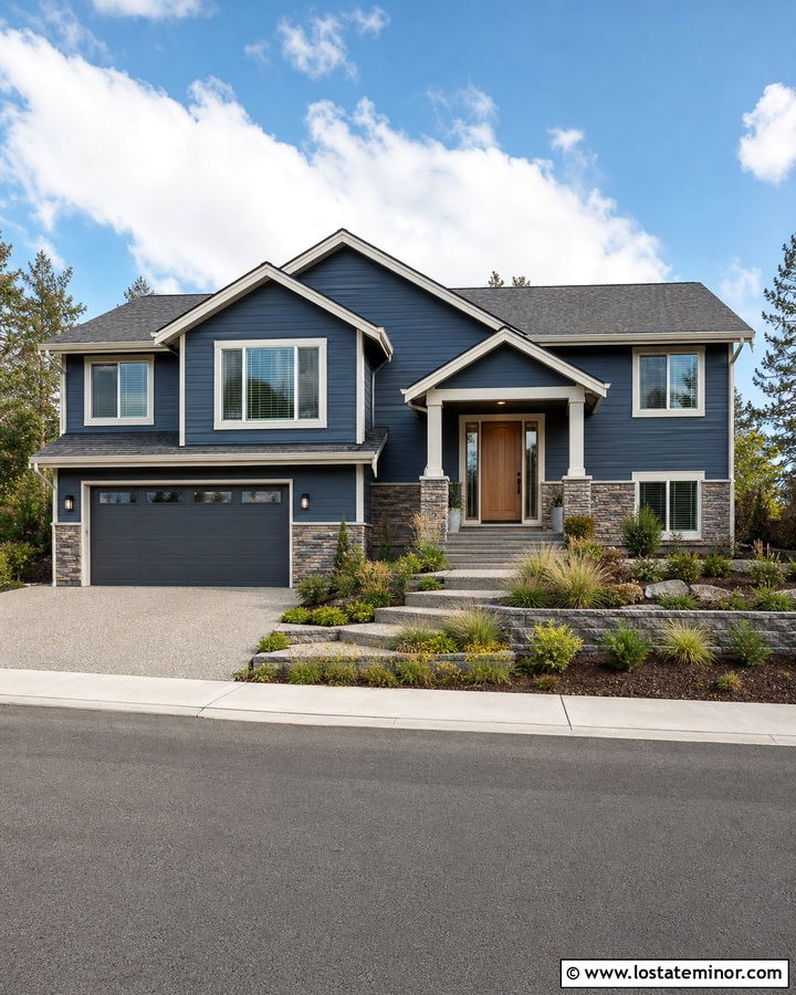 Slate Blue Split Level With Aggregate Driveway - 30 Slate Blue House Design With Driveway Ideas