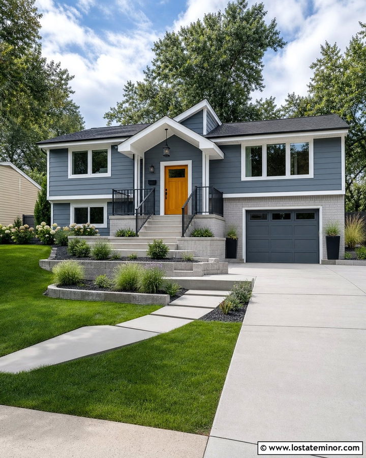 Slate Blue Split Level With Asymmetrical Portico - 30 Slate Blue House Design With Portico Ideas
