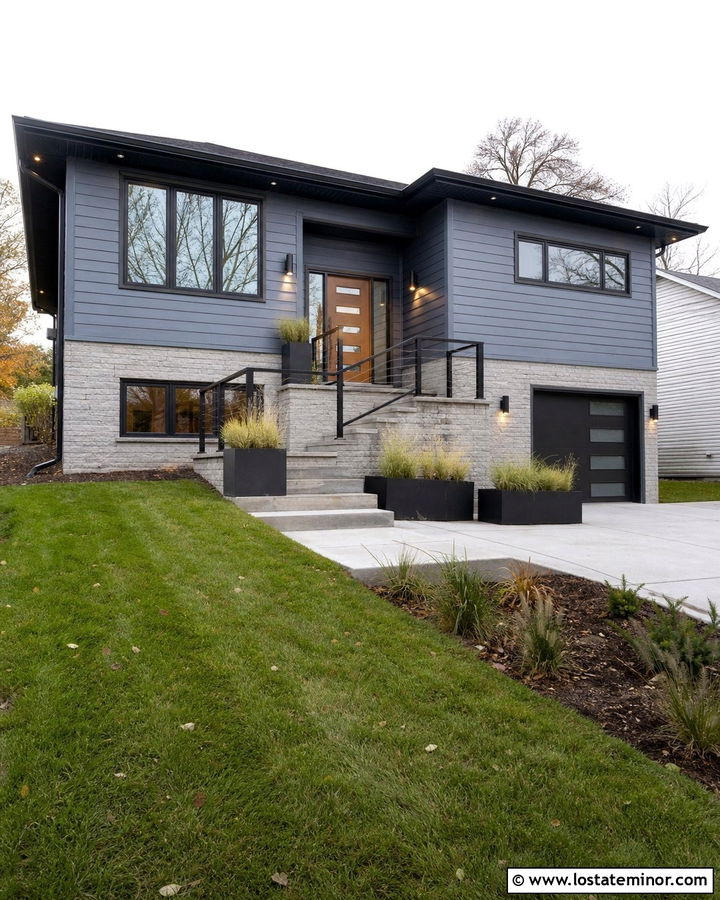 Slate Blue Split Level With Cable Railings - 30 Slate Blue House Design With Railings Ideas
