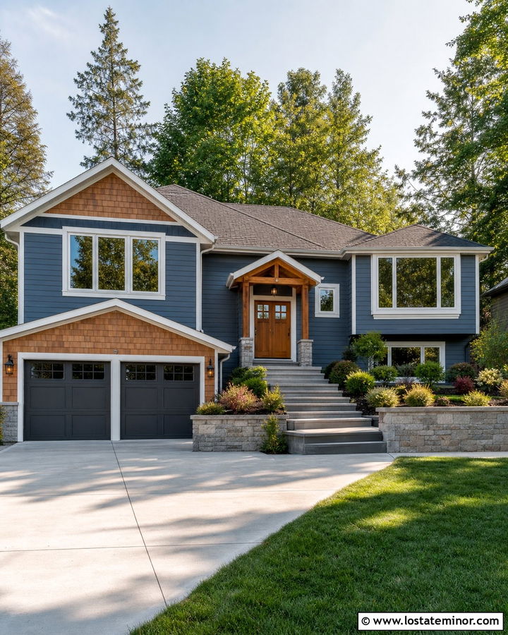 Slate Blue Split Level With Cedar Shake Garage - 30 Slate Blue House Design With Cedar Shake Ideas
