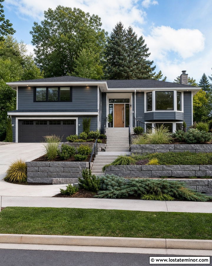 Slate Blue Split Level With Charcoal Garage And Tiered Yard - 30 Slate Blue House Design With Front Yard Ideas