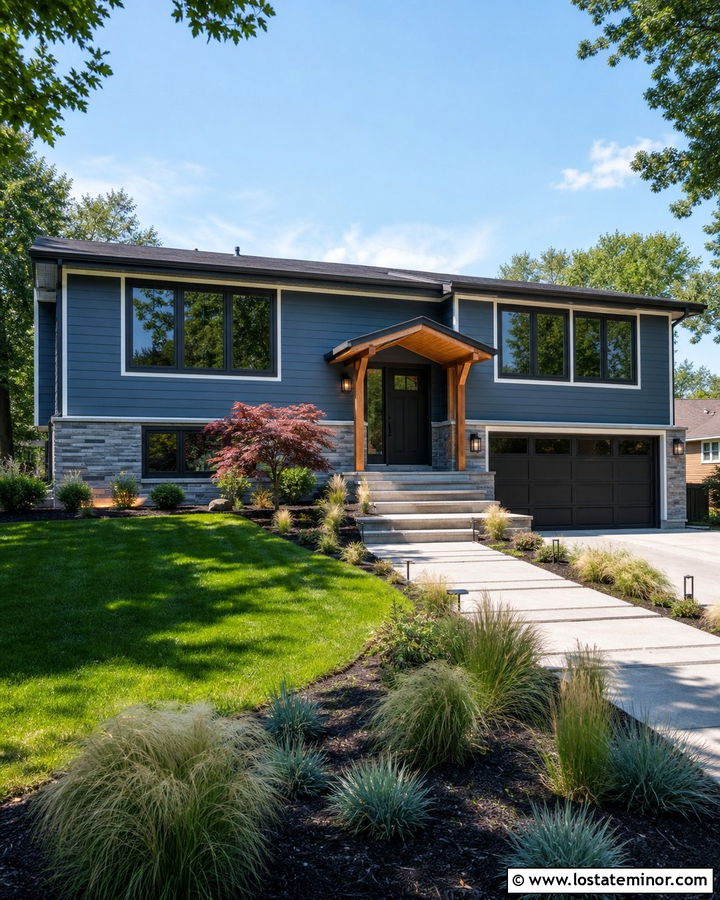 Slate Blue Split Level With Charcoal Garage - 30 Slate Blue House Design With Accents Ideas