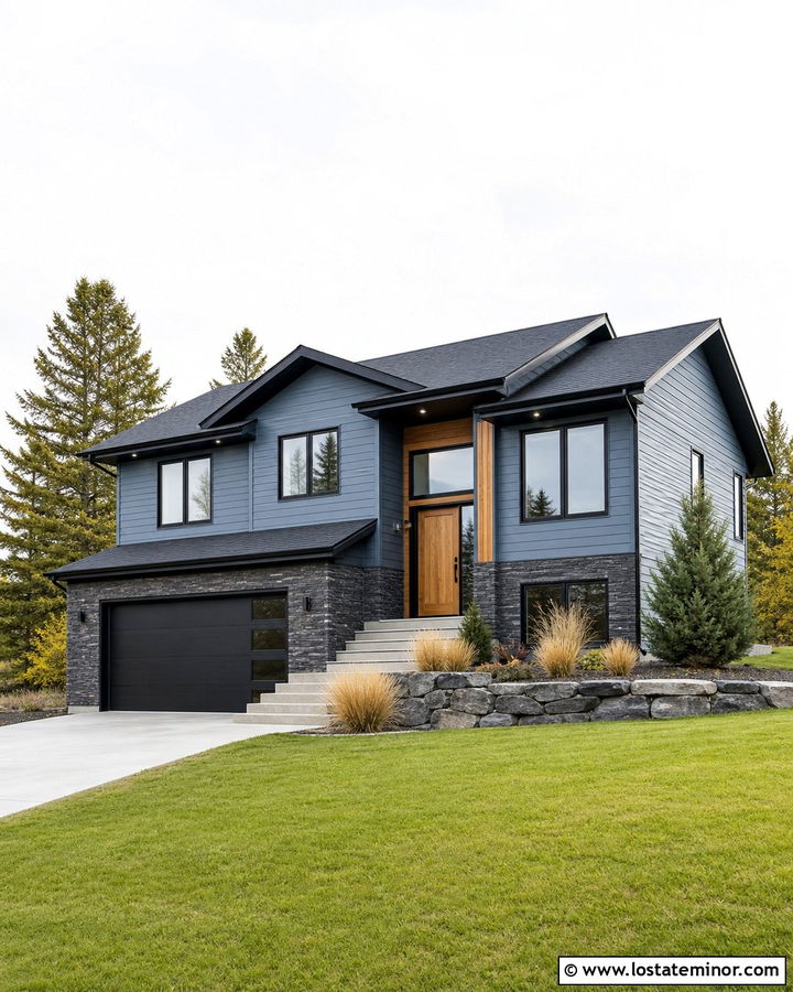 Slate Blue Split Level With Charcoal Stone Wainscoting - 30 Slate Blue House Design With Wainscoting Ideas