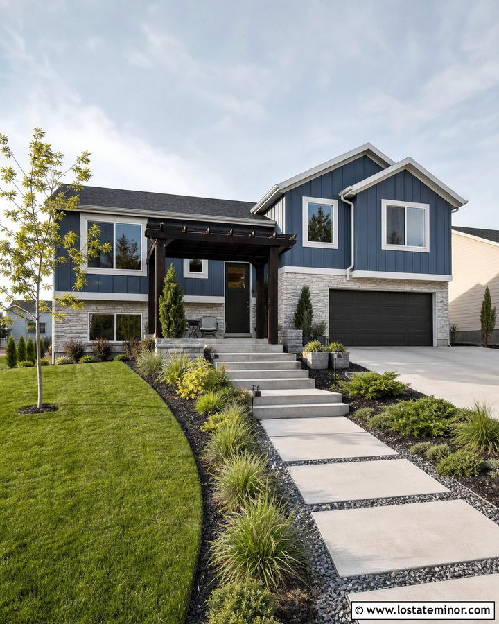 Slate Blue Split Level With Corner Pergola - 30 Slate Blue House Design With Pergola Ideas