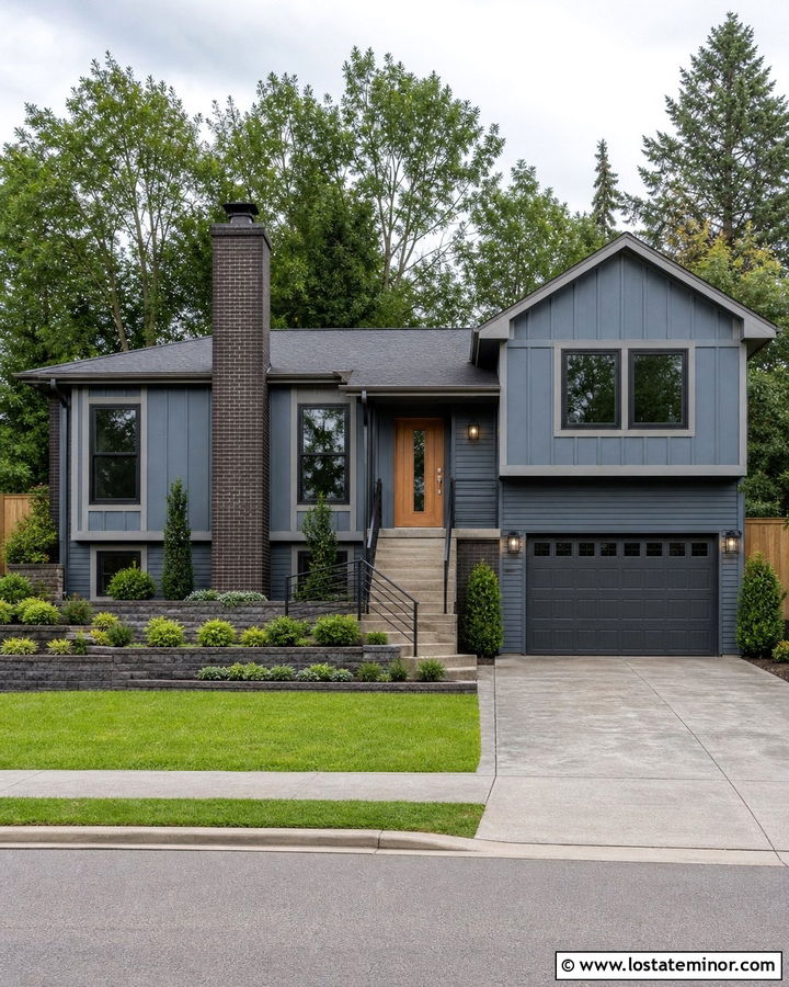 Slate Blue Split Level With Dark Brick Chimney - 30 Slate Blue House Design With Chimney Ideas