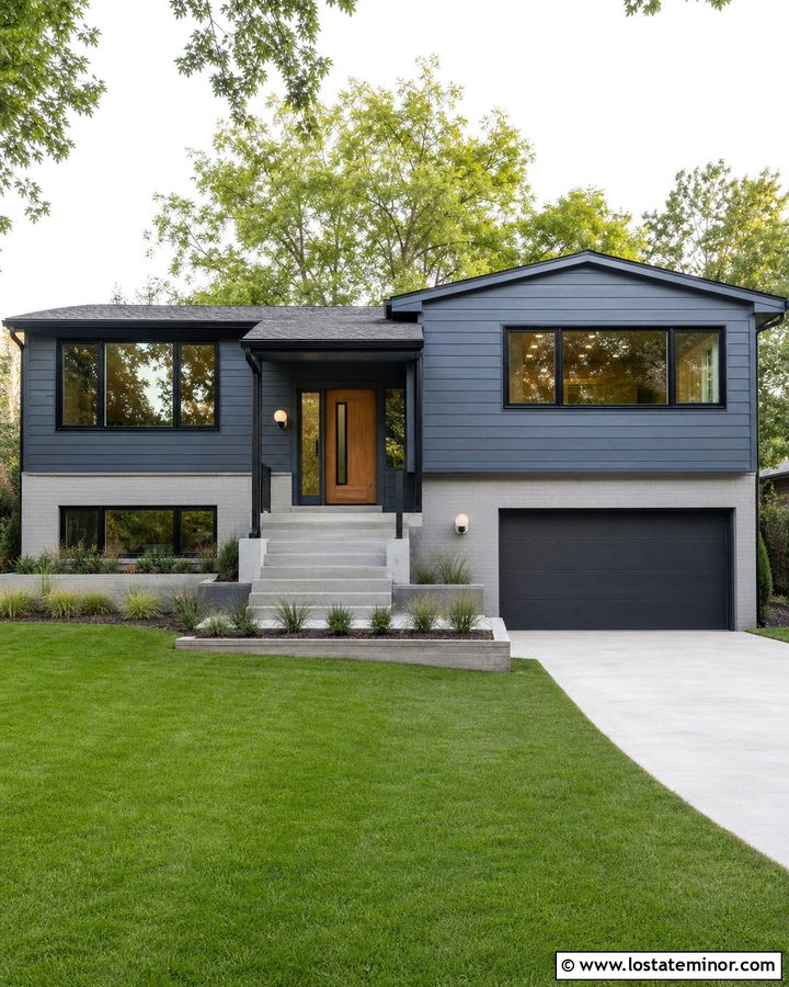 Slate Blue Split Level With Globe Sconces - 30 Slate Blue House Design With Light Fixtures Ideas