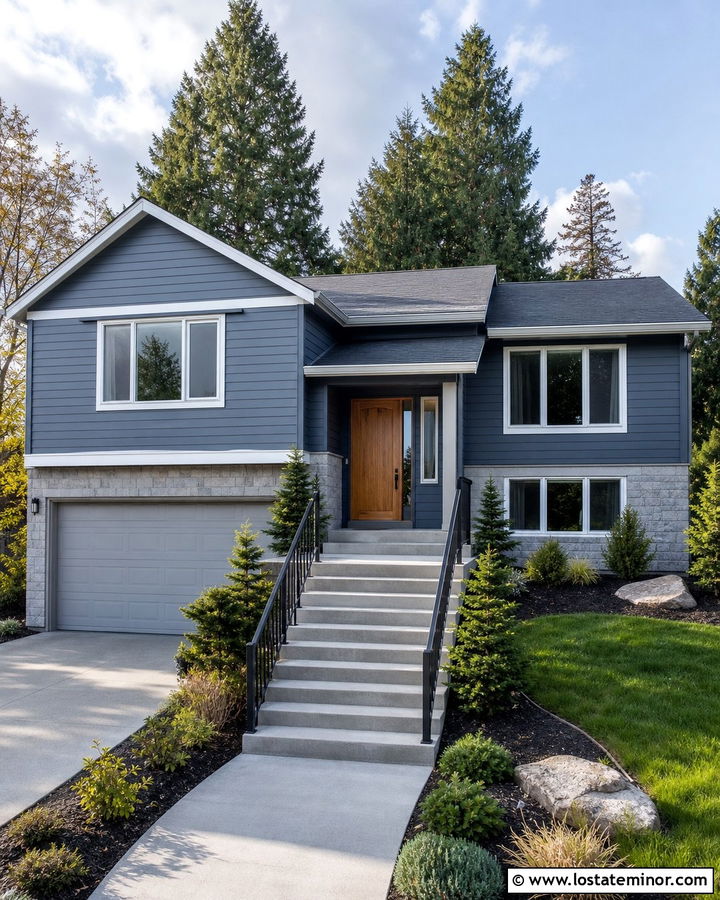 Slate Blue Split Level With Light Gray Garage Door - 30 Slate Blue House Design With Garage Door Ideas