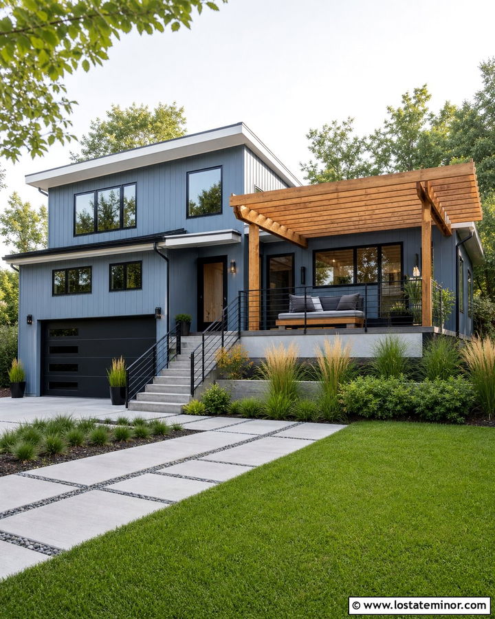 Slate Blue Split Level With Modern Deck Daybed - 30 Slate Blue House Design With Daybed Ideas