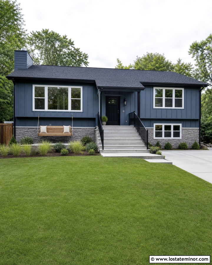 Slate Blue Split Level With Modern Swing - 30 Slate Blue House Design With Swing Ideas