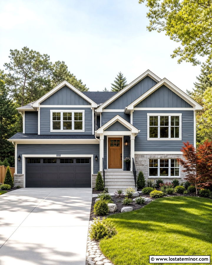 Slate Blue Split Level With Offset Gables - 30 Slate Blue House Design With Gables Ideas