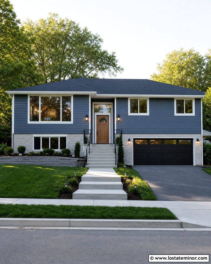 Slate Blue Split Level With Pathway Lighting - 30 Slate Blue House Design With Lighting Ideas