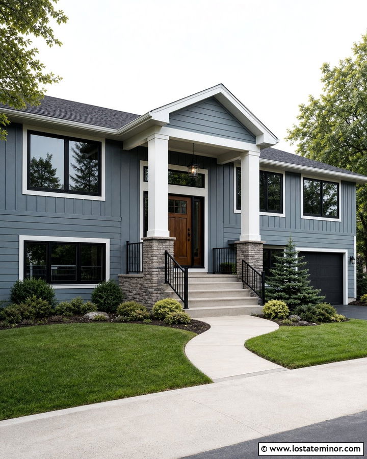 Slate Blue Split Level With Porch Columns - 30 Slate Blue House Design With Porch Columns Ideas