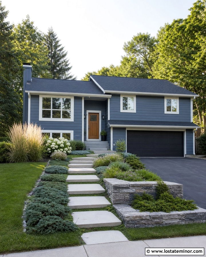 Slate Blue Split Level With Stepped Paver Walkway - 30 Slate Blue House Design With Walkway Ideas