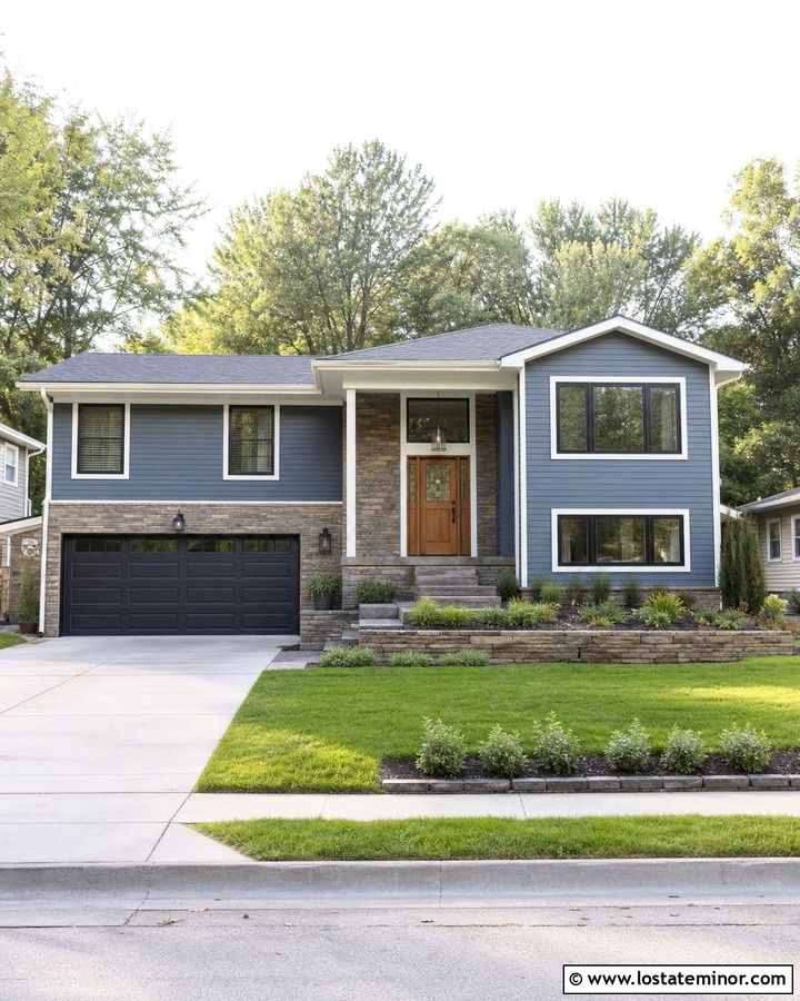 Slate Blue Split Level With Stone Garage - 30 Slate Blue House Design With Stone Accents Ideas
