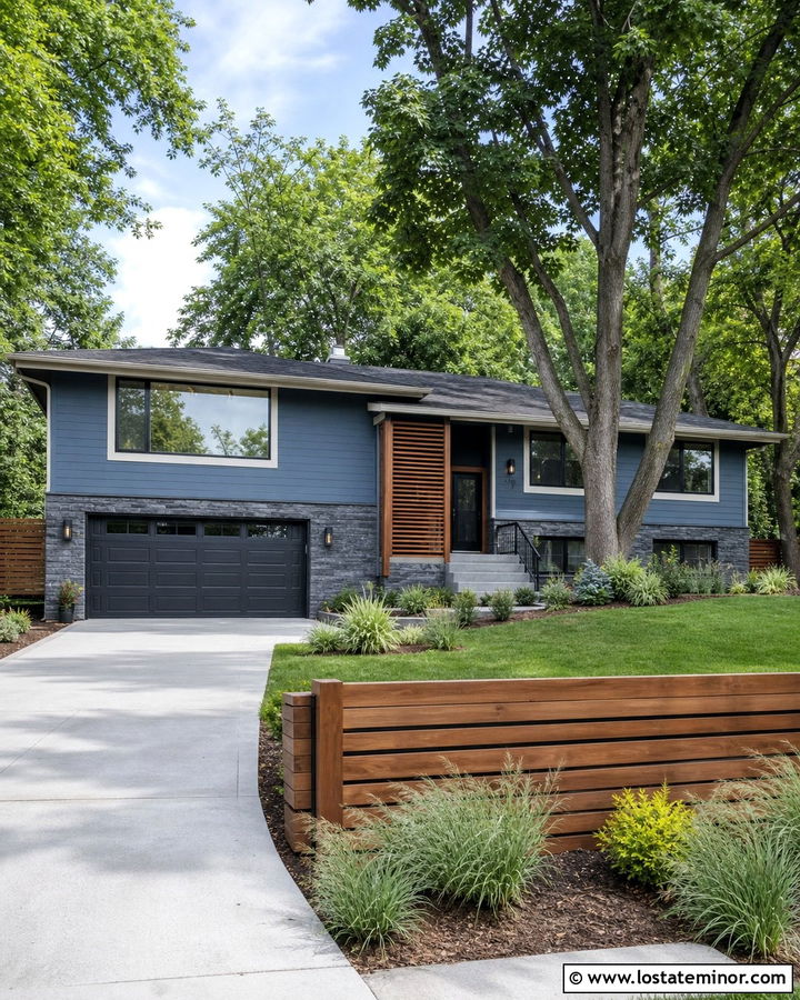 Slate Blue Split Level With Wood Fence - 30 Slate Blue House Design With Fence Ideas