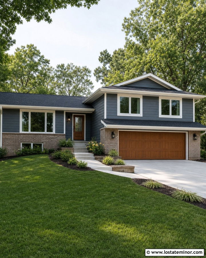 Slate Blue Split Level With Wood Garage - 30 Slate Blue House Design With Siding Ideas
