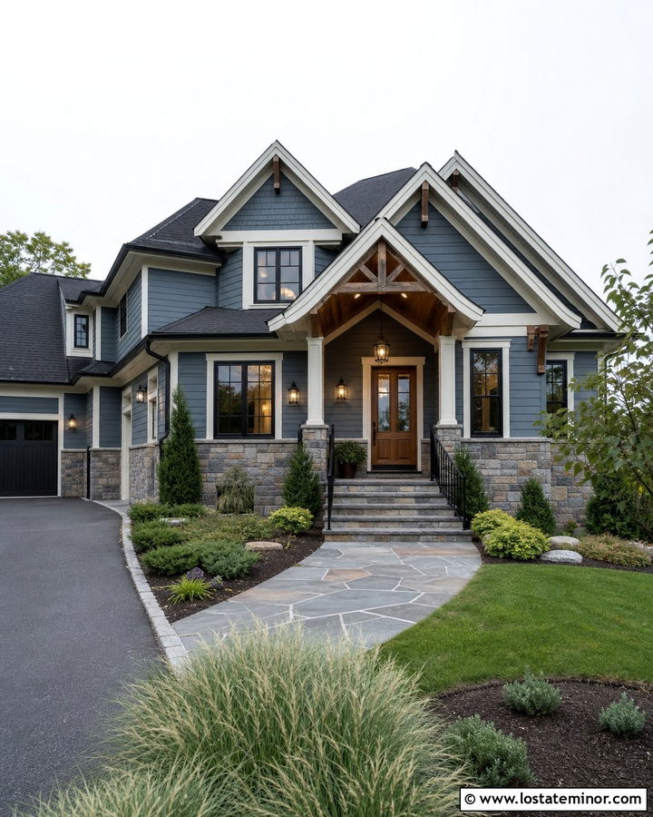 Slate Blue Stone House With Iron Lanterns - 30 Slate Blue House Design With Light Fixtures Ideas