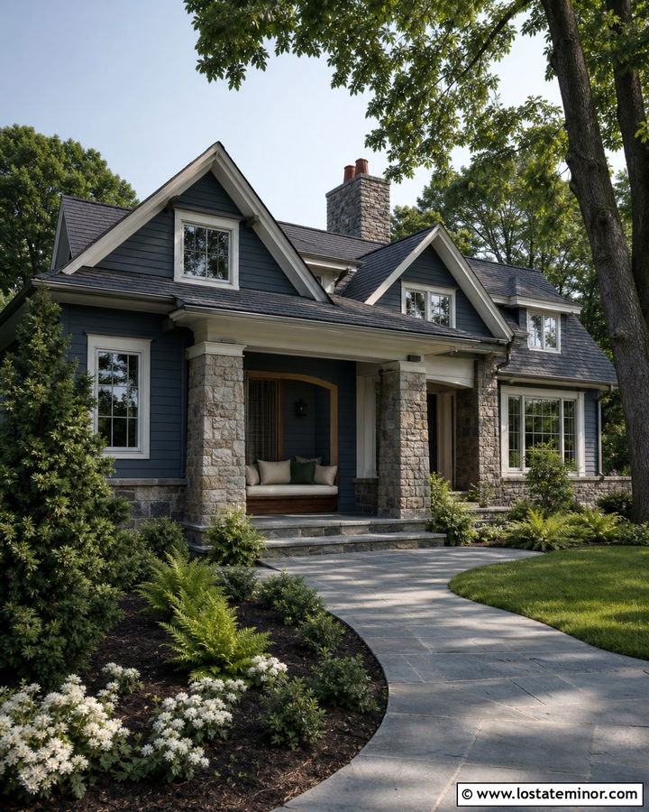 Slate Blue Stone House With Recessed Daybed - 30 Slate Blue House Design With Daybed Ideas