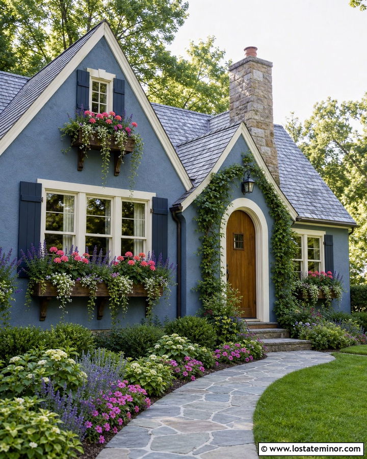 Slate Blue Storybook Cottage With Flower Window Boxes - 30 Slate Blue House Design With Window Boxes Ideas