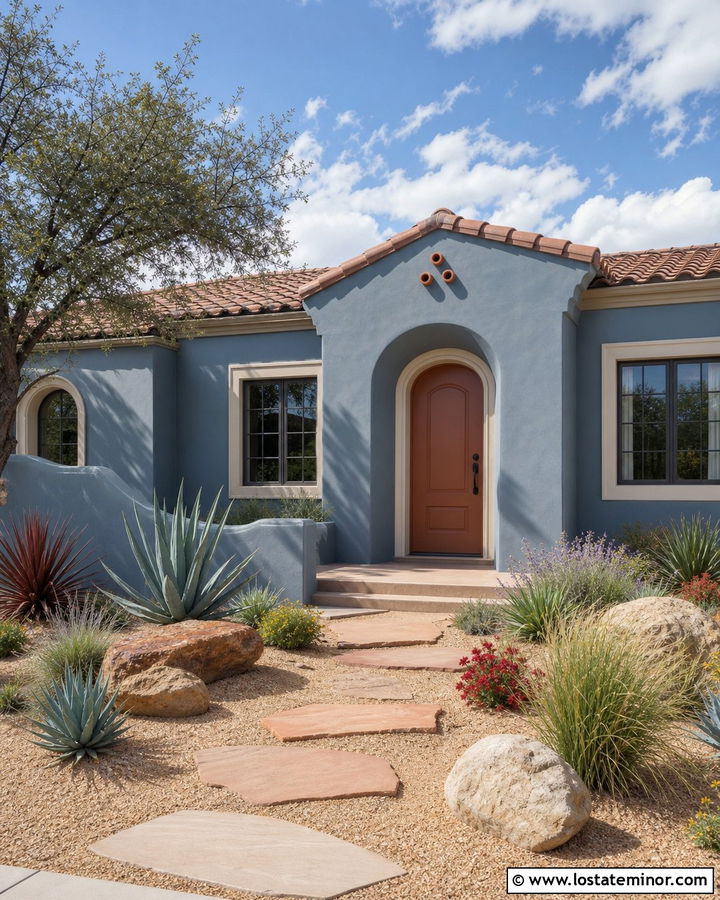 Slate Blue Stucco House With Terracotta Door And Dry Garden - 30 Slate Blue House Design With Front Yard Ideas