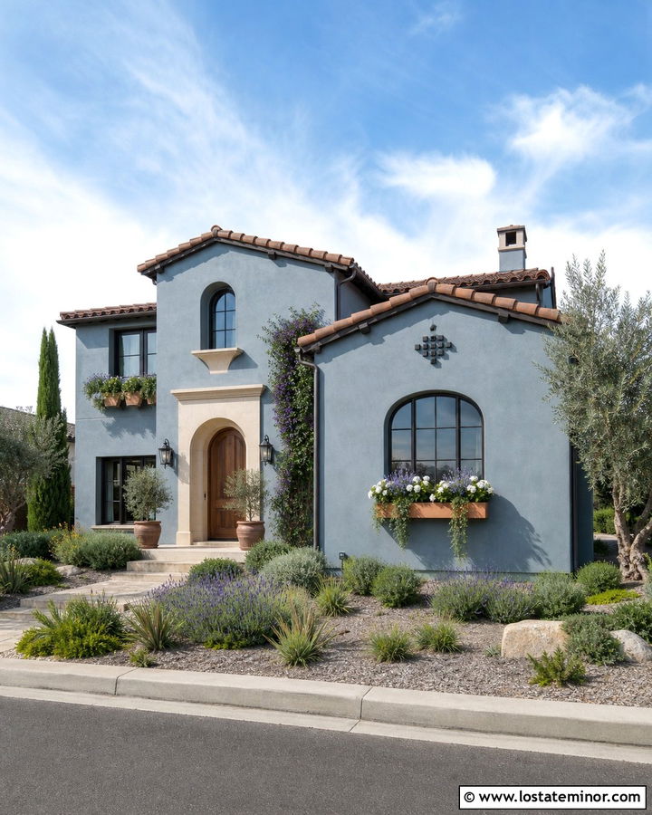 Slate Blue Stucco House With Terracotta Window Boxes - 30 Slate Blue House Design With Window Boxes Ideas