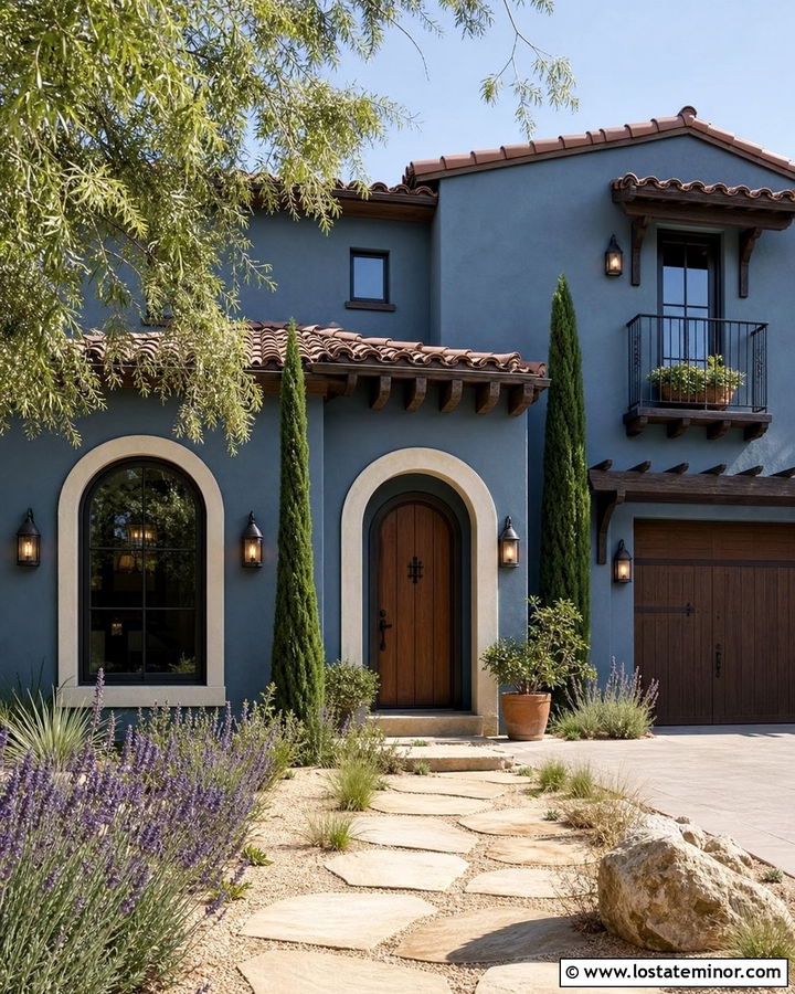 Slate Blue Stucco House With Wall Wash Lighting - 30 Slate Blue House Design With Lighting Ideas