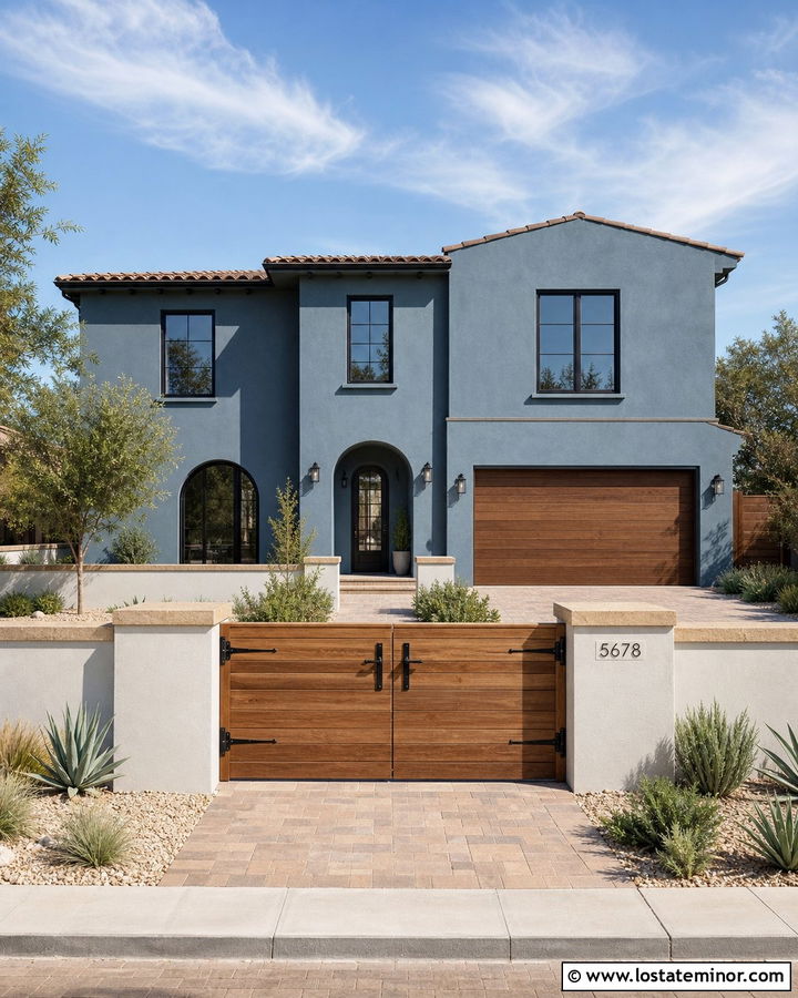 Slate Blue Stucco House With Wood Gate - 30 Slate Blue House Design With Fence Ideas